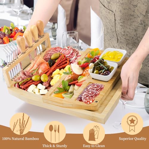 WRINGKIT Charcuterie Boards Set, Utensils Tray and Knife Bowl Included | Bamboo Cheese Platter for Party House Warming Wedding Gift, Meat Serving Board for Couple, Entertaining, Family Gatherings