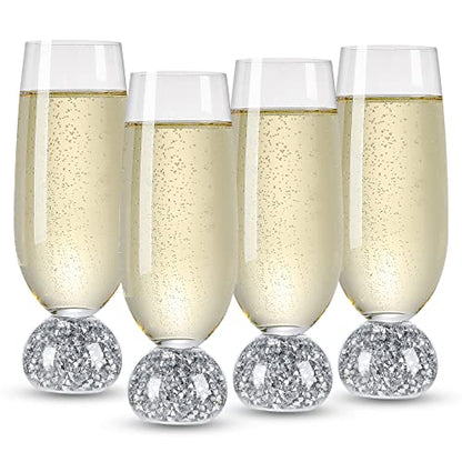 Hanjue Champagne Glasses Set of 4, Champagne Flutes, 7 Oz Lead-free Crystal glass, Clear Glasses Set, Bar Glassware, Ideal for Parties, Wedding, Birthday, Christmas, Long-lasting reusable glasses - color: Crushed diamonds