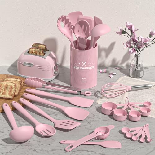 Umite Chef 22-Piece Silicone Cooking Utensils Set, Heat Resistant & Dishwasher Safe Kitchen Tools, Non-Scratch Spatula Set for Nonstick Cookware (Pink) - color: Pink