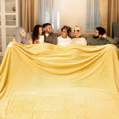 Bnuitland Light Yellow Fleece Throw Blanket 90"x90",300GSM Large Big Soft Cozy Warm Lightweight Stripe Pattern for Bed Sofa Home Decor,Suitable for Adults Family All Season - color: Light Yellow, size: 90x90 Inch
