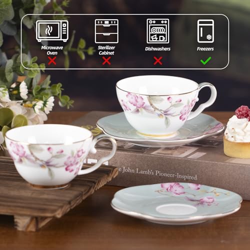 KAMMAK Tea Cups Set of 2,Ceramic Floral Pattern Demitasse Cup | Porcelain Espresso Cup with Saucer, 5.41 oz Handmade Elegant Bone China Tea Cups for Latte, Americano, Cappuccino - color: Fragrance in Spring