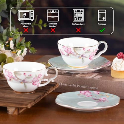 KAMMAK Tea Cups Set of 2,Ceramic Floral Pattern Demitasse Cup | Porcelain Espresso Cup with Saucer, 5.41 oz Handmade Elegant Bone China Tea Cups for Latte, Americano, Cappuccino - color: Fragrance in Spring