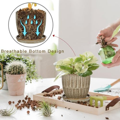 Oairse Ceramic Pots for Indoor Plants, 4.7 +5.7 inch Pots for Plants Set of 2 Brown Plant Pots with Drainage Holes and Saucers Texture Ceramic Planters Indoor Outdoor Flower Pot for Succulent - style: Conical Shaped