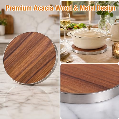 7 Inch Round Trivet Acacia Wood and Stainless Steel Frame | Heat-Resistant, Multi-Purpose Hot Pad, For Pots Pans and Dishes, Elegant Table Protector, Durable and Stylish