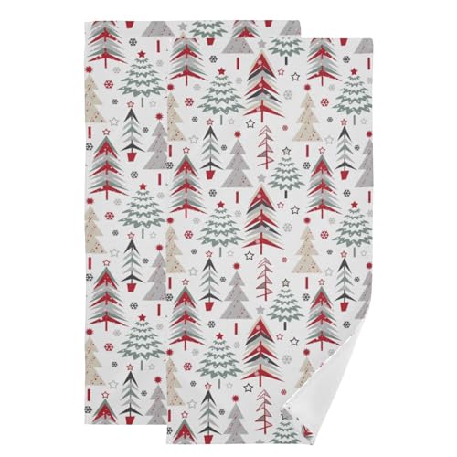 Red Green Grey Christmas Xmas Tree Hand Towels Bath Towels Set of 2 | Winter Snowflake Stars Decorative Bathroom Towels Soft Absorbent Quick Dry Bath Face Hair Dish Tea Towels for Kitchen 28"x14" - color: Red Green