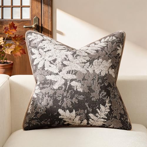 Kevin Textile Neutral Vintage Leaf 18"x18" Pillow Cover 1 Pack, Dark Grey | Soft Neutral Retro Flowers Embroidered Texture Lumbar Pillow Cover Accent Decorative Pillowcase for Couch Sofa Chair Bed - color: Leaf Dark Grey, size: 18" x 18" (Pack of 1)
