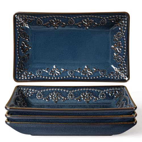 Appetizer Plates Set of 4, 8.25" Embossed Ceramic Rectangular Dessert Plates, Deep Lipped Edges, Microwave & Dishwasher Safe, Salad Sushi Snack Serving Plates (Blue, Damask Floral) - color: Blue (Damask Floral), size: 8.25 inch