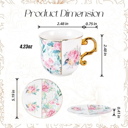 KAMMAK Tea Cups and Saucers Set of 2, 4 oz Porcelain Coffee Cups, YX013 | Stackable Espresso Mugs, Ceramic Demitasse for Coffee, Cappuccino, Latte, Americano, Tea - size: 8CZYX013