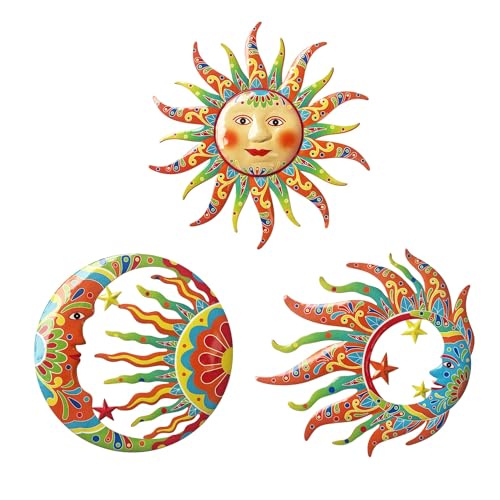 Limygus Vivid Sun Moon Sun Face Metal Wall Sculpture Set of 3, Indoor Outdoor Garden Fence Decor - color: colorful Sun Moon