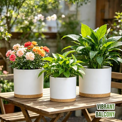 10/9/8 Inch Plant Pots 3 Pack, with Drainage Hole & Saucers | Cylindrical plastic planters with drainage holes & saucers. Modern matte finish, lightweight & durable for indoor/outdoor use - color: Matte White&brown
