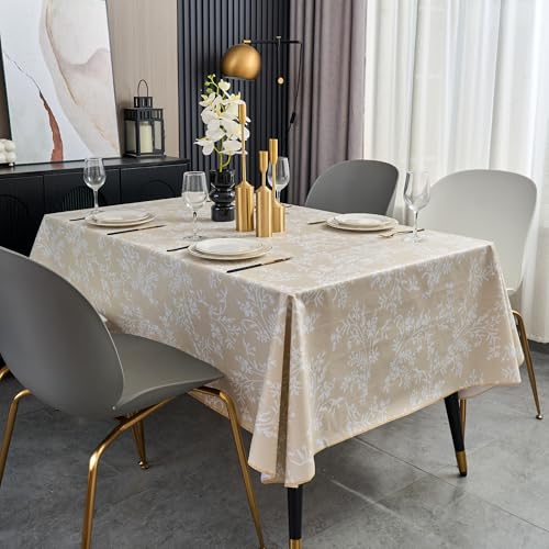 Pioggia Vinyl Tablecloth with Flannel Backing - Waterproof, Oil-Proof, Easy to Clean -Plastic Table Cloth - Perfect for Dining Tables, Kitchen Tables, Parties (Beige Leaves, 54×54 Inch Square) - color: Beige Leaves, size: 54" x 54" (Square)