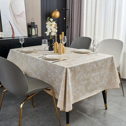 Pioggia Vinyl Tablecloth with Flannel Backing - Waterproof, Oil-Proof, Easy to Clean -Plastic Table Cloth - Perfect for Dining Tables, Kitchen Tables, Parties (Beige Leaves, 54×54 Inch Square) - color: Beige Leaves, size: 54" x 54" (Square)