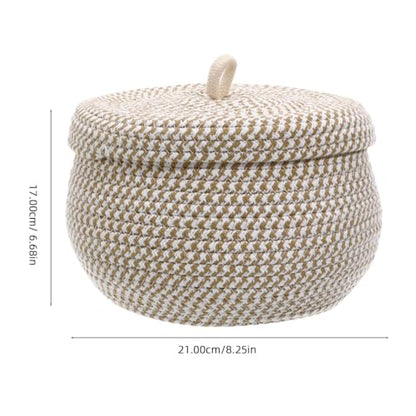 Storage Basket with Lid, 8"x6" Round Woven Blanket Storage for Living Room, Decorative Cotton Rope Hamper with Zipper Top, Wicker Basket with Lid, Floor Covered Kids Dog Toy Bin