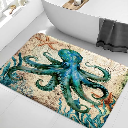 Boziqr Vintage Nautical Octopus Bathroom Rugs Retro Ocean Beach Bath Mat Water Absorbent Non Slip Shower Mat Memory Foam Bath Rugs for Bathroom Decor 29×17 Inch - size: 1'5" x 2'5" (Rectangular)