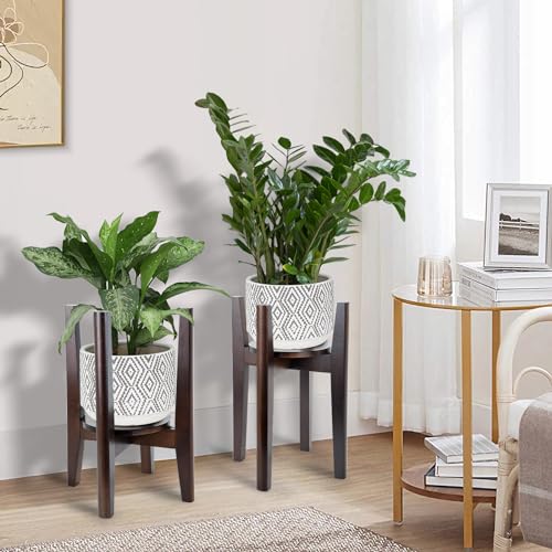 Adjustable Plant Stand with Tray,Indoor Wood Plant Stand Fit 8'' to 12'' Planter,Mid Century Modern Flower Pot Holder Rack(Plant and Pot Not Included) - color: Walnut, size: 1 PACK