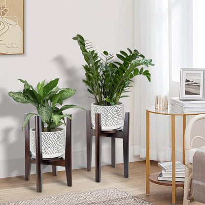 Adjustable Plant Stand with Tray,Indoor Wood Plant Stand Fit 8'' to 12'' Planter,Mid Century Modern Flower Pot Holder Rack(Plant and Pot Not Included) - color: Walnut, size: 1 PACK