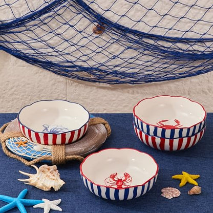 Bico Ocean Wonders Scalloped Pasta Bowls, 36oz Salad Bowl Set of 4, Large Ceramic Serving Dinner Bowls for Soup and Cereal, Microwave and Dishwasher Safe, Gift for Housewarming and Holiday - color: Ocean Creatures
