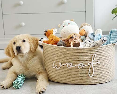 Woof Woven Rope Storage Baskets, Pet Dog Toy Bin Box Perfect for organizing Chew Toys Blankets leashes, Dog Toy holder Cotton Basket Puppy Bins - color: beige