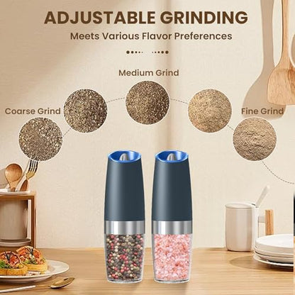 Battery Gravity Salt Pepper Grinder Set, 2 Pack (Grey) | Gravity Automatic Grinder With LED Light & Adjustable Roughness, Each Requires 6 AAA Batteries For Kitchen Daily Seasoning - color: Battery/Set/ Grey