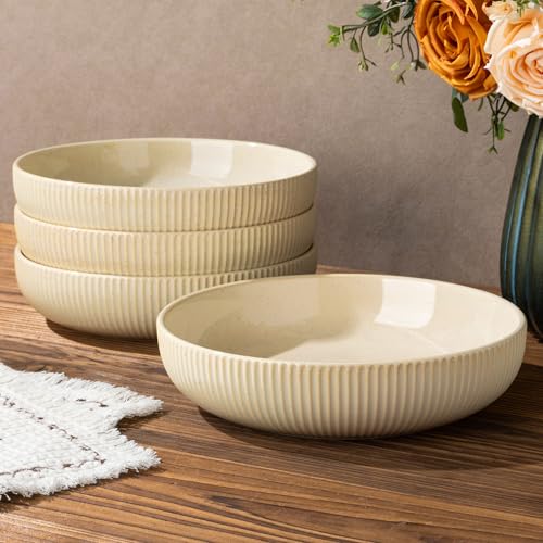 8.5" Ceramic Pasta Bowls Set of 4, Salad Bowls | Versatile Serving Bowls for Pasta, Salad, Fruit & Noodles, Housewarming & Wedding Gift, Cappuccino - color: Cappuccino, size: 8.5 Inch