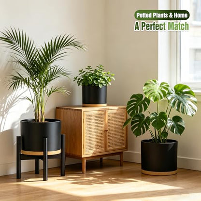 10/9/8 Inch Plant Pots 3 Pack, with Drainage Hole & Saucers | Cylindrical plastic planters with drainage holes & saucers. Modern matte finish, lightweight & durable for indoor/outdoor use - color: Matte Black&brown