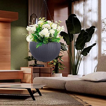 Vencer 11 Inch Round Resin Rattan Hanging Planters,Grey,VF-A15-G | Self Watering,Drain Hole,Metal Chain,Water Indicator,Indoor Outdoor - color: Gray
