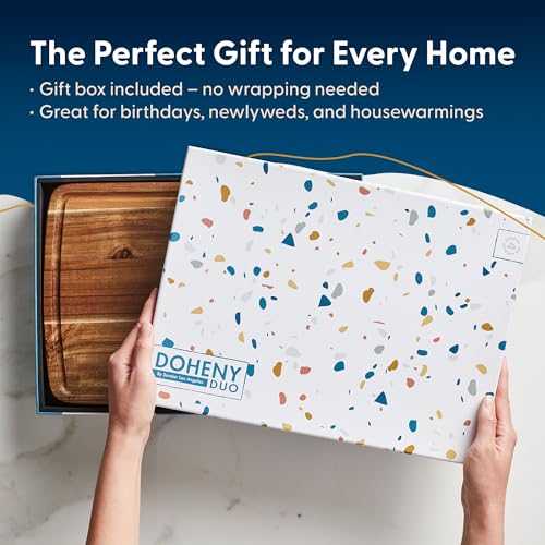 Sonder LA Doheny Duo Small Acacia Wood Cutting Board Set, 14x10x1 & 12x8x1" | Non-toxic, Edge Grain, Juice Groove, Thickness Prevents Warping, Compact Daily Use, Built-in Handles, Gift Box, 3 lbs & 2 lbs - color: Doheny | Acacia | Edge Grain