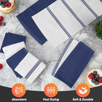 Oven Mitts Kitchen Towels and Dishcloths with Pot Holders Sets, Oven Gloves Hot Pads 500°F Heat Resistant with Silicone Grip, Include 2 Cooking Gloves/2 Potholders/4 Kitchen Towels/4 Dish Towels - color: Marine Blue