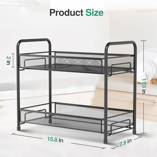 Spice Rack Organizer for Countertop,Xpatee 2-Tier Foldable Metal Rust-Proof Standing Large Seasoning Storage Shelf with Guardrail and Mesh Design for Kitchen Cabinet Bathroom Living Room Pantry, Black - size: Black-1 pack