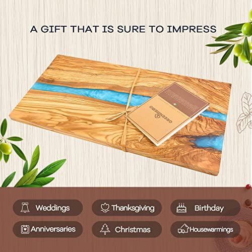 Italian Olive Wood luxury Cheese board with Resin, Charcuterie board, Chopping and Cutting Board for Meat Vegetable & Fruit, Wooden Epoxy Serving Board (Blue And White Gradient) - color: Blue And White Gradient