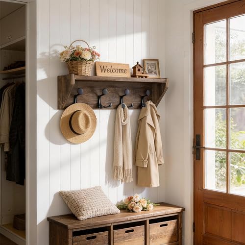 SKOLOO Wall Shelf with Hooks, 24-Inch, Weathered Brown | Coat Rack Wall Mount with Shelf, Heavy Duty, 4 Tri Hooks, Perfect for Entryway, Hallway, Living Room, Bedroom, Mudroom - color: Weathered Brown, size: 24 inch with 4 hooks