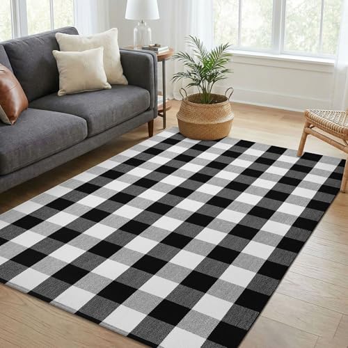 KOZYFLY Buffalo Plaid Area Rug 4 x 6 Ft Black and White Checkered Rug Washable Outdoor Rugs Cotton Rugs for Bedroom Front Door Mat Carpet for Front Porch Living Room Dining Room Kitchen | Washable Outdoor Rugs, Cotton Front Porch Rug, Woven Front Door Rug