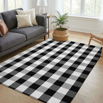 KOZYFLY Buffalo Plaid Area Rug 4 x 6 Ft Black and White Checkered Rug Washable Outdoor Rugs Cotton Rugs for Bedroom Front Door Mat Carpet for Front Porch Living Room Dining Room Kitchen | Washable Outdoor Rugs, Cotton Front Porch Rug, Woven Front Door Rug
