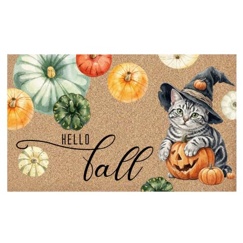 Halloween Witchy Cat Faux Coco Coir Doormat Door Mat 17x30 | Hello Fall Autumn Halloween Pumpkin Cat Decorative Welcome Doormat for Home Indoor Outdoor Porch Front Door Entrance Outside - color: Halloween Cat
