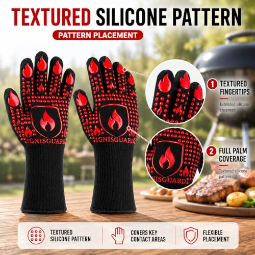 IGNISGUARD® BBQ Gloves, Heat Resistant Grill Gloves, 1 Pair, Red (L) | EN407:2020 tested with textured silicone grip, three-layer construction and long knit cuff for added wrist coverage. - color: Red, size: Large
