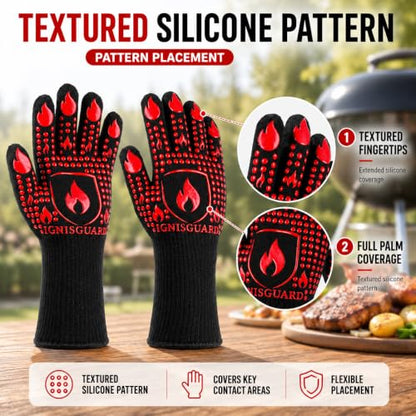 IGNISGUARD® BBQ Gloves, Heat Resistant Grill Gloves, 1 Pair, Red (L) | EN407:2020 tested with textured silicone grip, three-layer construction and long knit cuff for added wrist coverage. - color: Red, size: Large