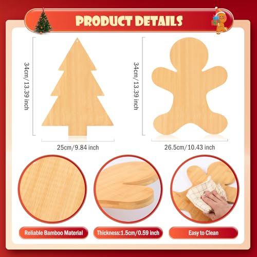 AWIZOM 2 Pcs Christmas Cutting Boards Christmas Tree and Gingerbread Man Shape Charcuterie Boards Bamboo Wood Kitchen Chopping Board Larser Engraved Serving Boards for DIY Housewarming Xmas Presents