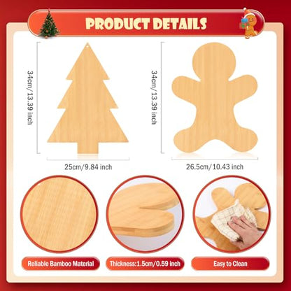 AWIZOM 2 Pcs Christmas Cutting Boards Christmas Tree and Gingerbread Man Shape Charcuterie Boards Bamboo Wood Kitchen Chopping Board Larser Engraved Serving Boards for DIY Housewarming Xmas Presents