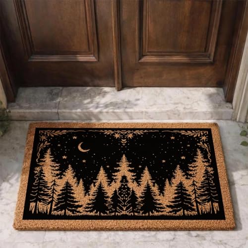 Funny Entryway Outdoor with Heavy Duty Front Porch Patio Welcome Natural Coir Door Mat Novelty House Warming Gift Mat 23.7 x 15.7 inch (Woodland Pine Tree Night Sky)