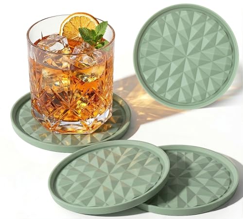 Silicone Drink Coasters Set of 4, Coaster for Desk | Prevents Condensation&Spills, Non-Slip, Reusable&Easy Clean, Diamond Pattern, Stylish Office&Home Decor, Gift, Sage Green - color: Sage Green, size: 4×3.9inches