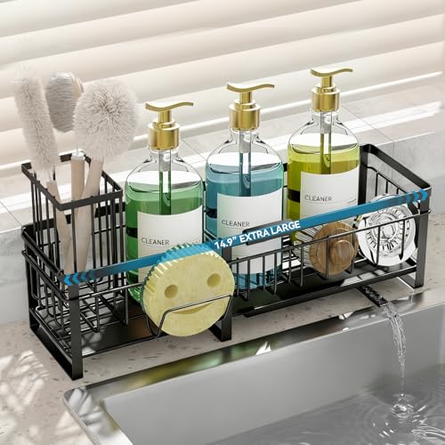 Extra Large Extendable Sponge Holder for Kitchen Sink Caddy Organizer | Rustproof Sink Caddy Organizer with High Brush Holder, Dish Soap Dispenser Organizers and Storage (Black) - color: Black
