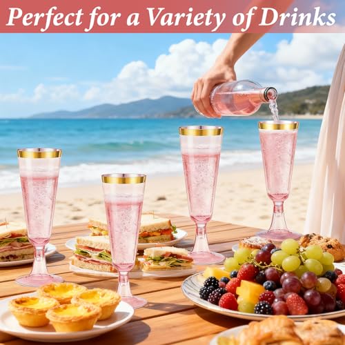 200 Pack Pink Plastic Champagne Flutes with Gold Rim, 5.5 Oz Clear Disposable Plastic Champagne Glasses, Wine Glasses Cups for Wedding Celebration Birthday Party Wine Tasting New Years Eve Supplies - color: Gold Rim Pink, size: 200-Pack