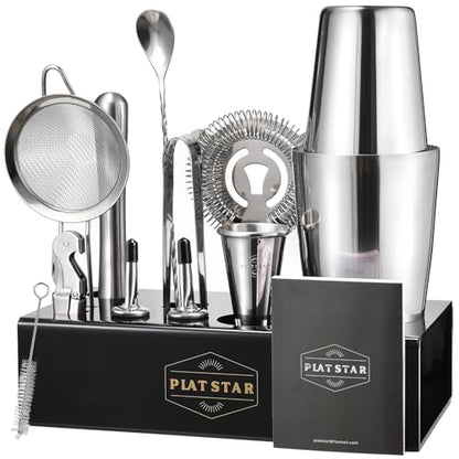 Mixology Bartender Kit with Stand, Home Bar Set Cocktail Shakers Bartending Kit, Bar Tools Boston Shaker Set, Professional Drink Mixing Martini Making Barware with Recipe Book