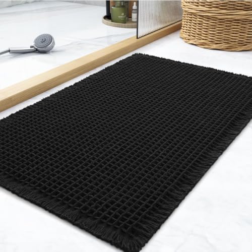 tchdio Waffle Bath Mat Rug, Super Absorbent Non Slip Bath Mats Ultra Soft Bathmat Machine Washable Bathroom Rugs with Tassels, Bath Rugs for Bathroom Floor Beside Tub, 17" x 24", Black - color: Black, size: 17" x 24"