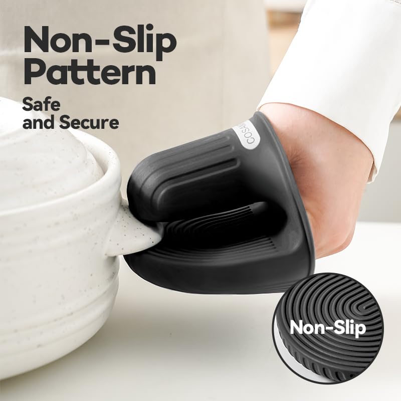 Silicone Oven Mitts Heat Resistant Mini Oven Gloves and Pot Holders Set for Kitchen Non Slip Waterproof Pinch Grips for Cooking and Baking Set of 2 - color: Silent Black