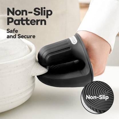 Silicone Oven Mitts Heat Resistant Mini Oven Gloves and Pot Holders Set for Kitchen Non Slip Waterproof Pinch Grips for Cooking and Baking Set of 2 - color: Silent Black