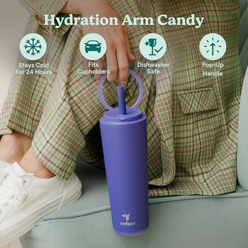 REDUCE Halo 24 oz Stainless Steel Vacuum Insulated Tumbler - Spill Proof Travel Mug with Flip Handle Lid - Keeps Drinks Cold for 32 Hrs - Dishwasher Safe - Cupholder Friendly - Glacier - color: Glacier, size: 24 Ounces