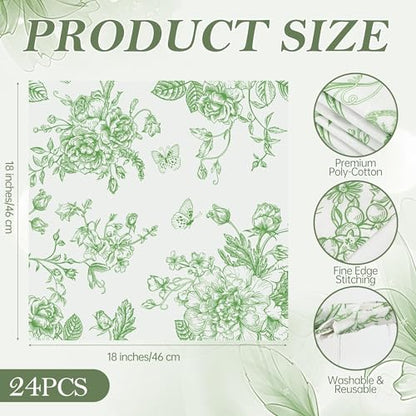 Kochorie 24 Pieces Green Floral Cloth Napkins, 18 x 18 Inch Reusable Soft Fabric Napkins, Washable Flower Dinner Cocktail Napkin for Spring Summer Tea Party Holiday Home Kitchen Wedding Restaurant - color: Green