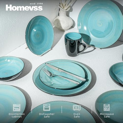 HomeVss Sonoma 16 Piece Stoneware Dinner Set, Outside Black + Inside Handpainted Color Turquoise with speckle - color: Turquoise