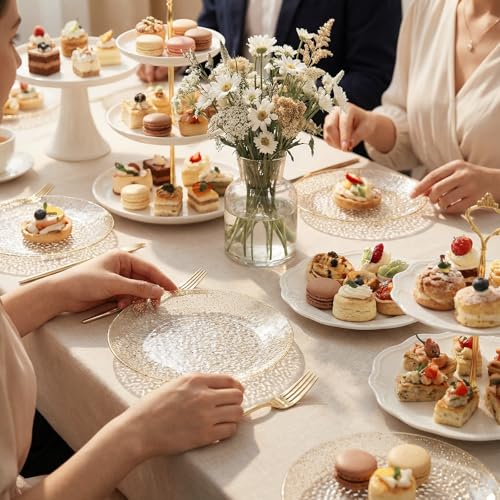 Rubtlamp 200pcs Gold Glitter Plastic Dessert Plates, Hammered 6 Inch Small Plates, Heavy Duty Appetizer Plate with 100 Gold Small Forks, Fancy Cake Snack Plate for Birthday Wedding Teatime - color: Gold glitter